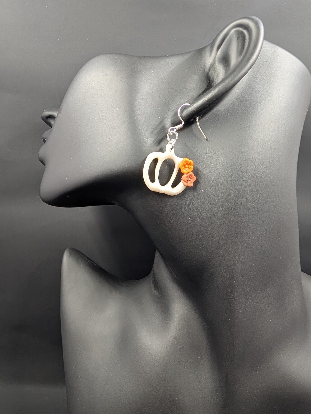 Orange Floral Accent White Pumpkin Drop Earrings